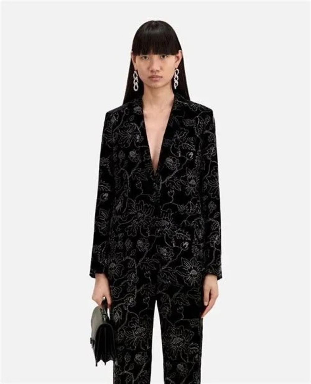 NWT Kooples Black Velvet Straight Cut Blazer with Glitter Floral Print Size 38